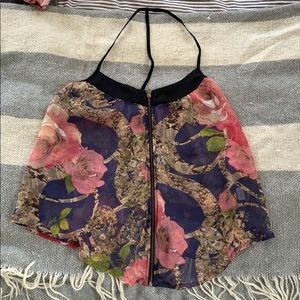 T Back Thin Strap Zipper Front Floral Blouse